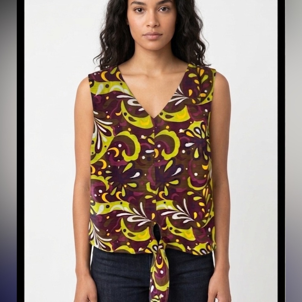 Canyon Road Retro Abstract Print Tie-Front Button Down Top - Size L
